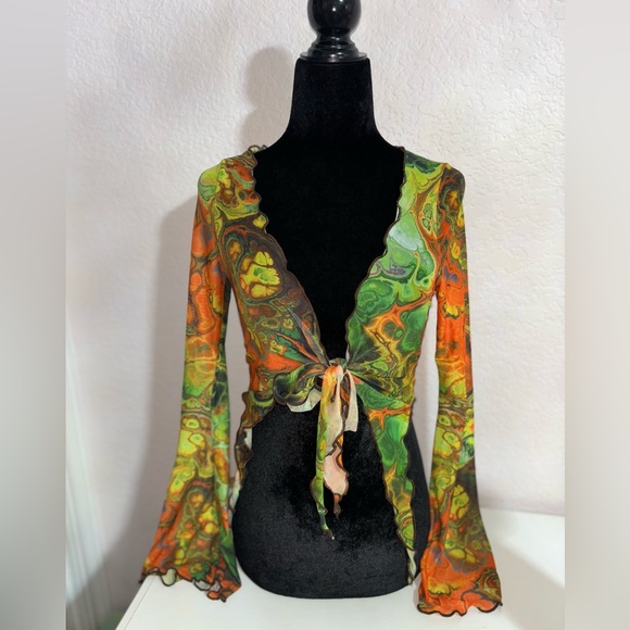 Shein multi-coloured sheer tie-front top with bell sleeves XS - Picture 2 of 8